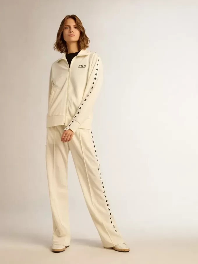 Weißes Damen-Sweatshirt mit Reißverschluss, weißem Streifen und schwarzen Sternen