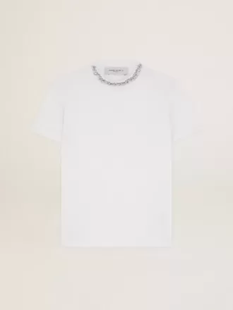 Weißes Damen-T-Shirt mit Cabochon-Kristallen