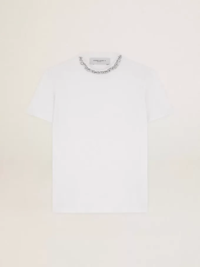 Weißes Damen-T-Shirt mit Cabochon-Kristallen