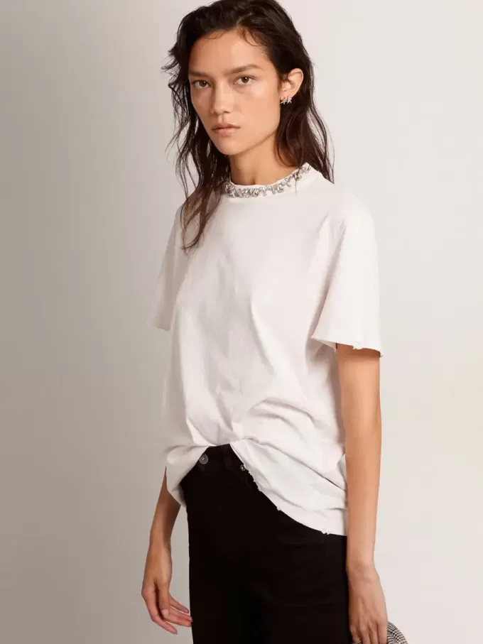 Weißes Damen-T-Shirt mit Cabochon-Kristallen