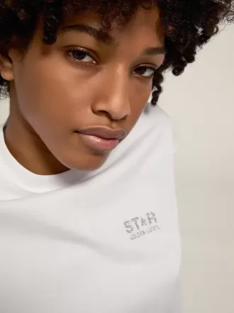 Weißes Damen-T-Shirt mit silbernem Glitzerlogo und Stern