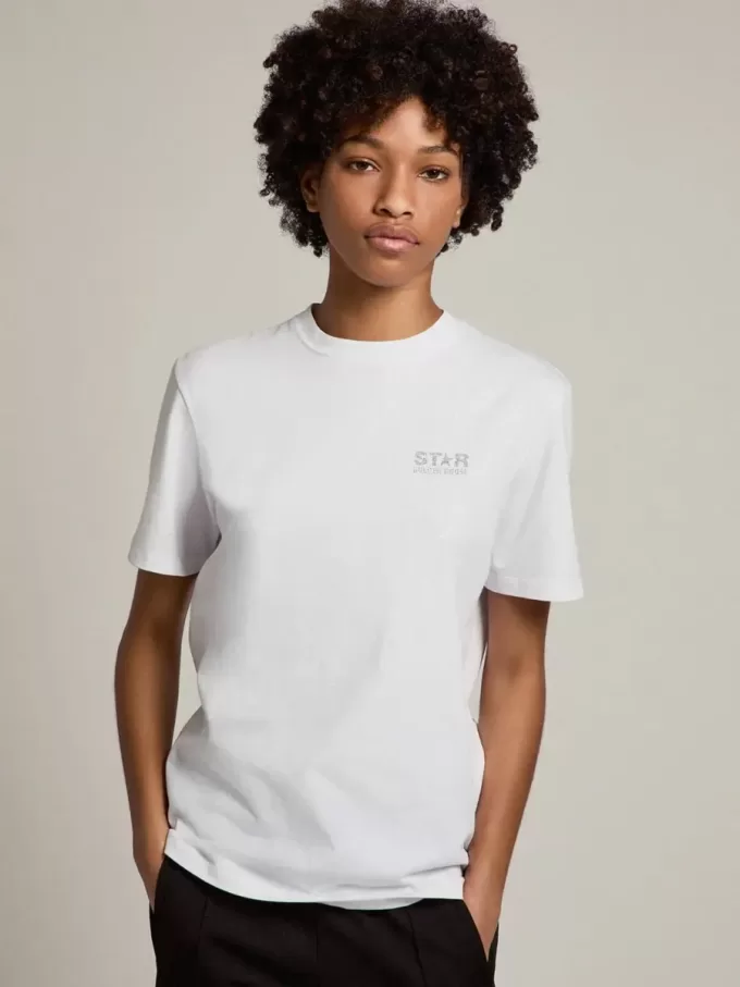 Weißes Damen-T-Shirt mit silbernem Glitzerlogo und Stern