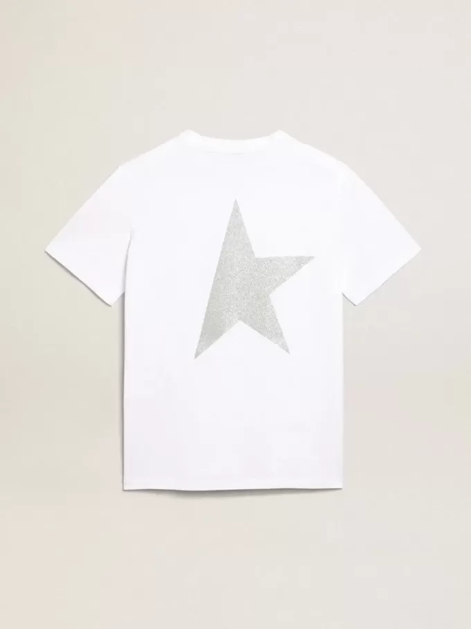 Weißes Damen-T-Shirt mit silbernem Glitzerlogo und Stern