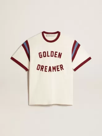 Weißes Herren-T-Shirt mit burgunderfarbenem Schriftzug auf der Vorderseite