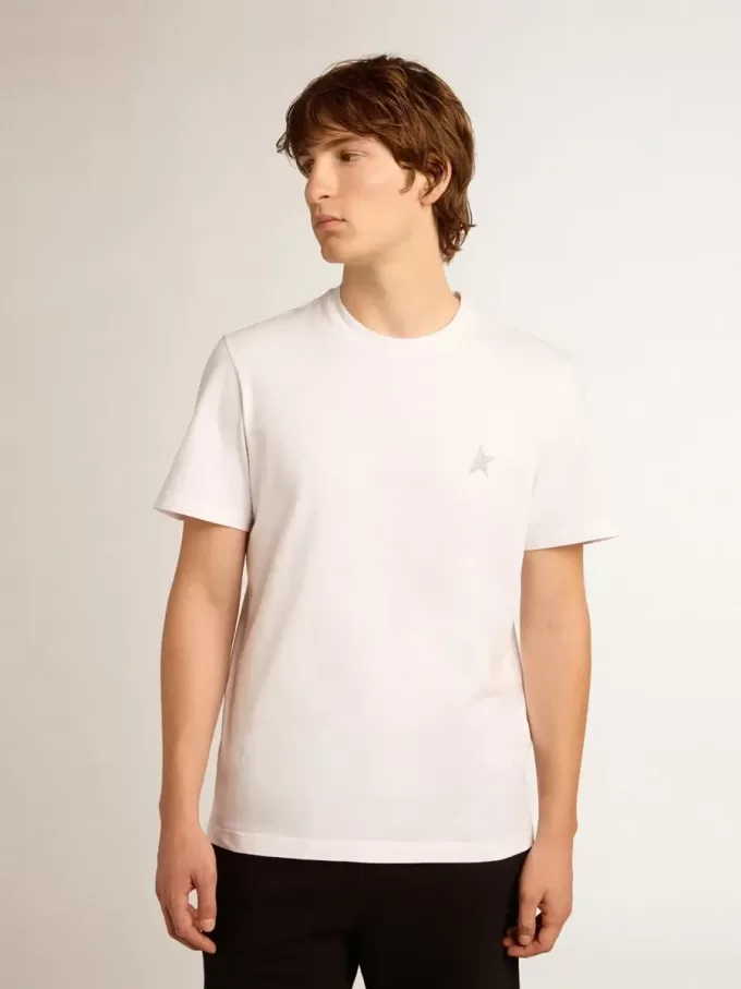 Weißes Herren-T-Shirt mit silbernem Glitzerstern auf der Vorderseite