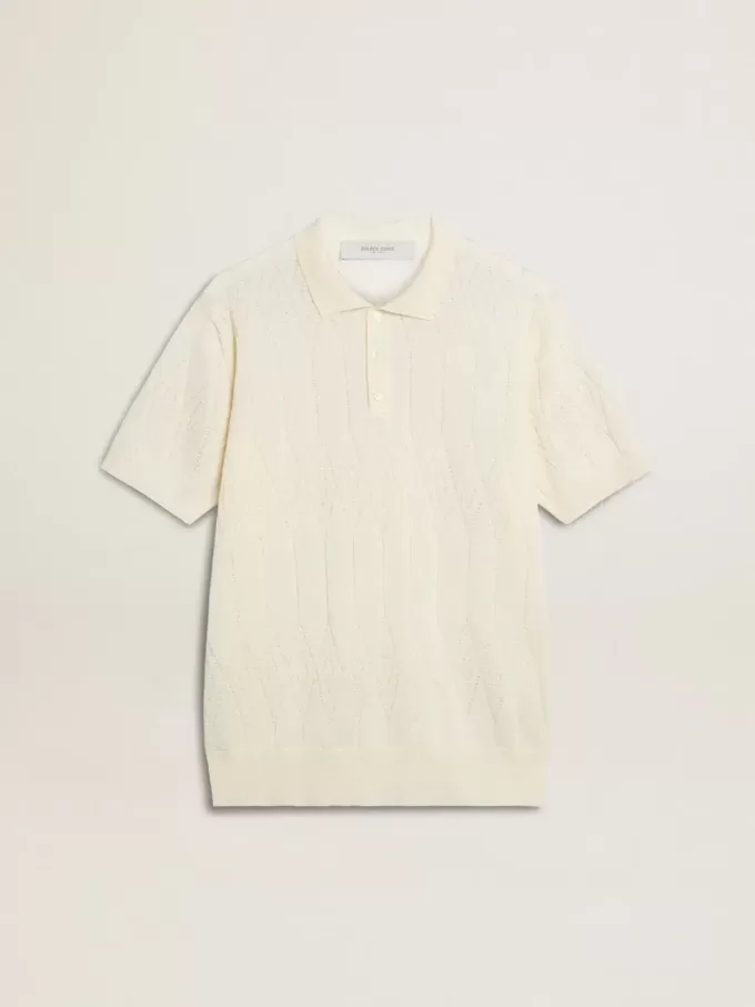 Weißes Jacquard-Strick-Poloshirt für Herren