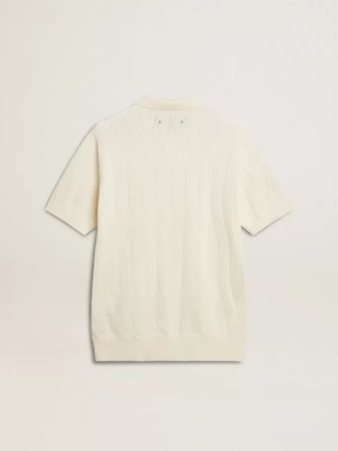 Weißes Jacquard-Strick-Poloshirt für Herren