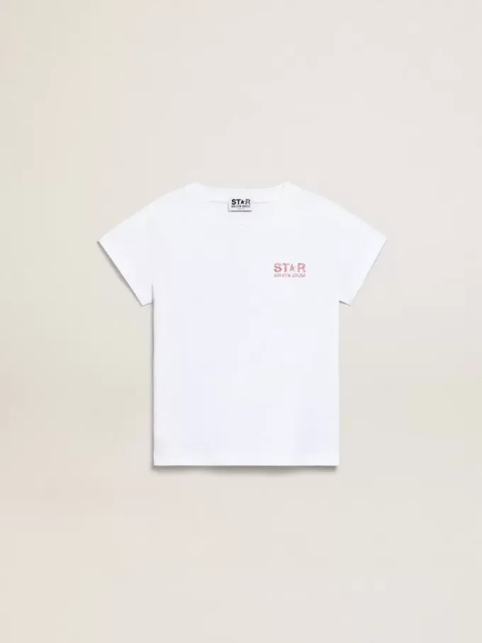 Weißes Mädchen-T-Shirt mit rosa Glitzerlogo und Maxi-Stern