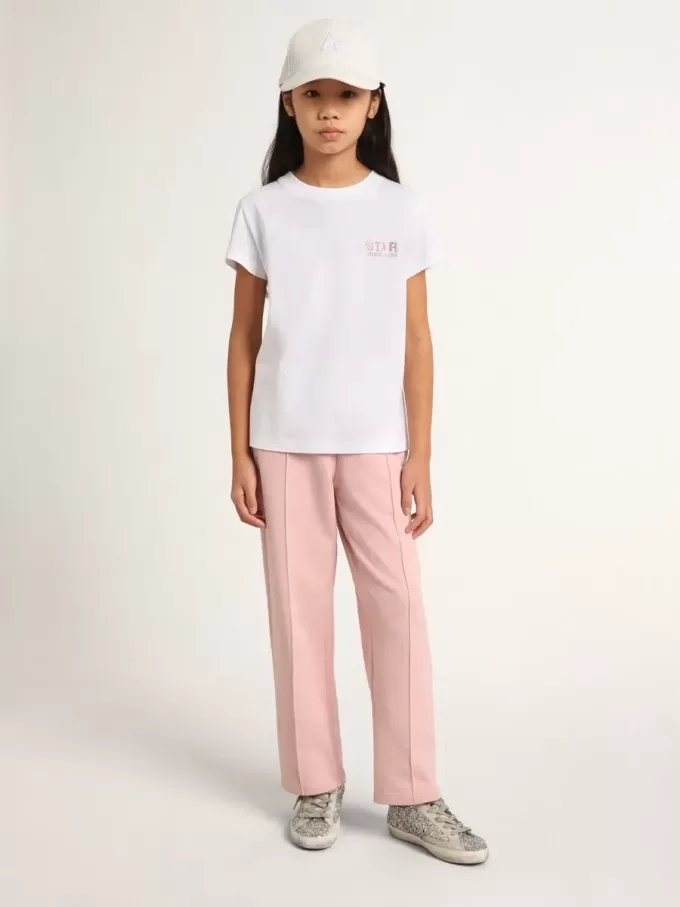 Weißes Mädchen-T-Shirt mit rosa Glitzerlogo und Maxi-Stern