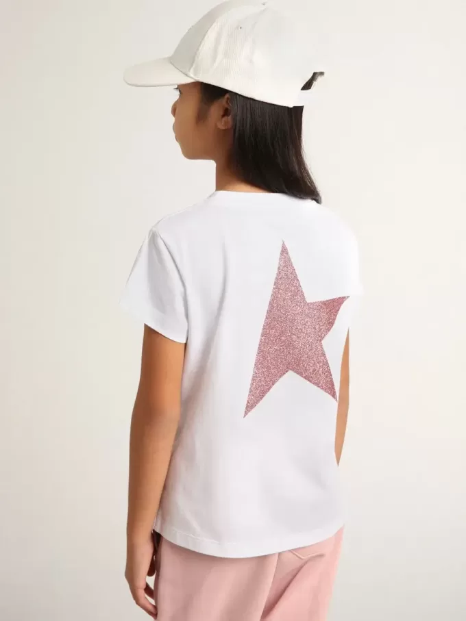 Weißes Mädchen-T-Shirt mit rosa Glitzerlogo und Maxi-Stern