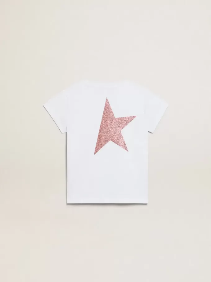 Weißes Mädchen-T-Shirt mit rosa Glitzerlogo und Maxi-Stern