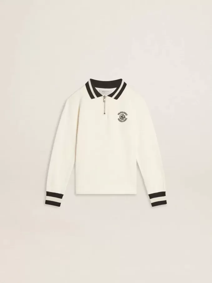 Weißes Polo-Sweatshirt aus Baumwolle für Kinder mit Stickerei auf der Brust und Aufdruck auf dem Rücken