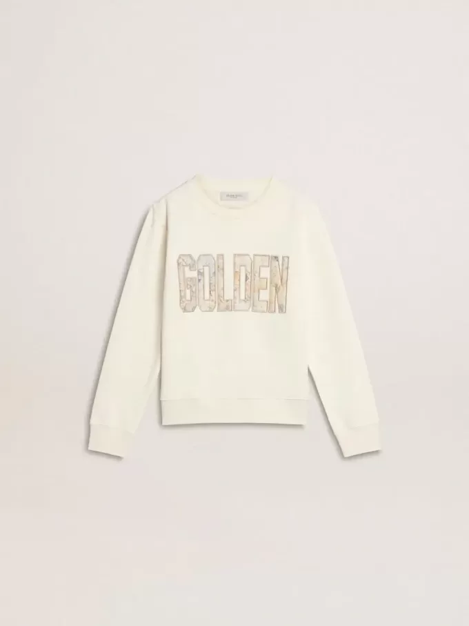 Weißes Sweatshirt für Mädchen mit mehrfarbiger „Golden”-Schrift auf der Vorderseite Weißes Sweatshirt für Mädchen mit mehrfarbiger „Golden”-Schrift auf der Vorderseite