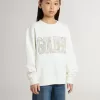 Weißes Sweatshirt für Mädchen mit mehrfarbiger „Golden”-Schrift auf der Vorderseite Weißes Sweatshirt für Mädchen mit mehrfarbiger „Golden”-Schrift auf der Vorderseite