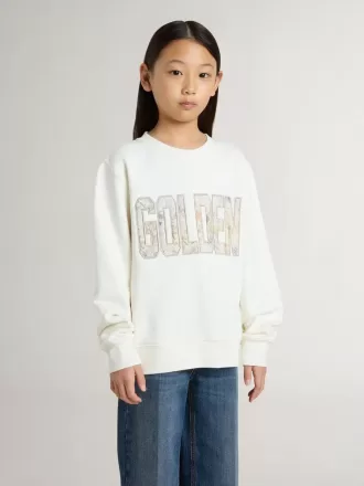 Weißes Sweatshirt für Mädchen mit mehrfarbiger „Golden”-Schrift auf der Vorderseite