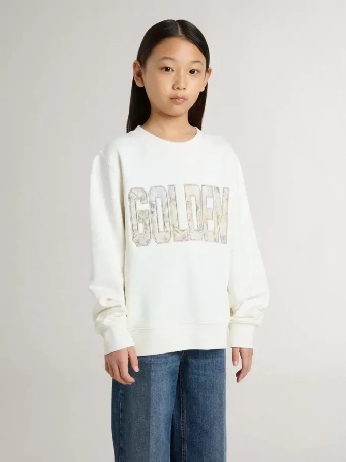 Weißes Sweatshirt für Mädchen mit mehrfarbiger „Golden”-Schrift auf der Vorderseite Weißes Sweatshirt für Mädchen mit mehrfarbiger „Golden”-Schrift auf der Vorderseite