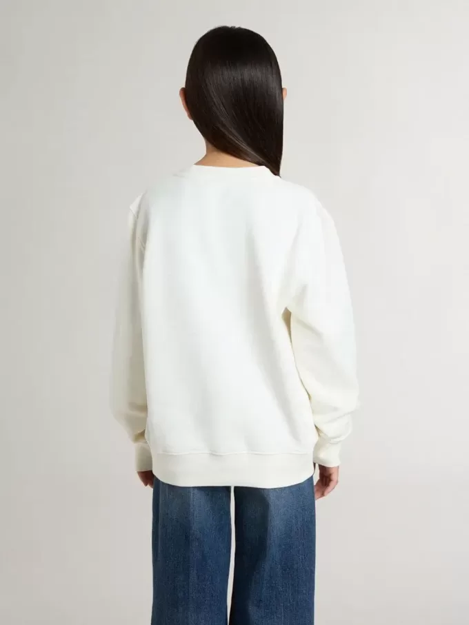 Weißes Sweatshirt für Mädchen mit mehrfarbiger „Golden”-Schrift auf der Vorderseite Weißes Sweatshirt für Mädchen mit mehrfarbiger „Golden”-Schrift auf der Vorderseite