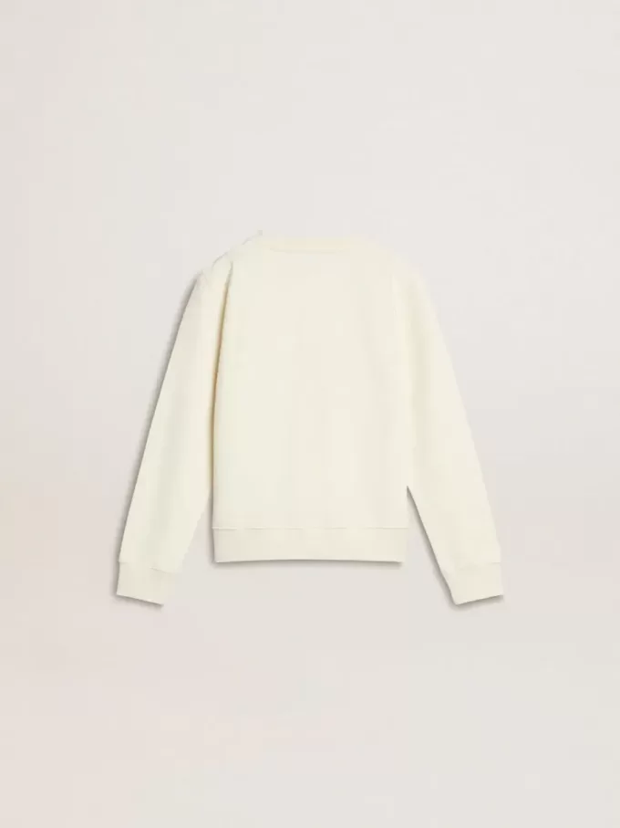 Weißes Sweatshirt für Mädchen mit mehrfarbiger „Golden”-Schrift auf der Vorderseite Weißes Sweatshirt für Mädchen mit mehrfarbiger „Golden”-Schrift auf der Vorderseite