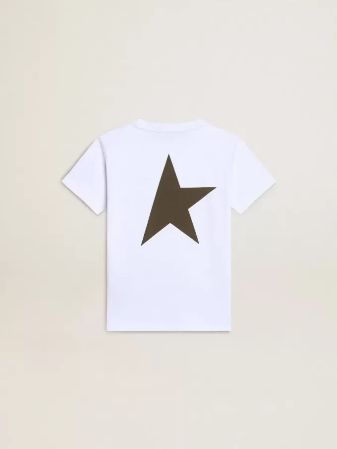 Weißes T-Shirt für Jungen mit kontrastierendem dunkelgrünem Logo und Stern