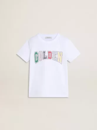 Weißes T-Shirt für Jungen mit mehrfarbigem Golden-Aufdruck
