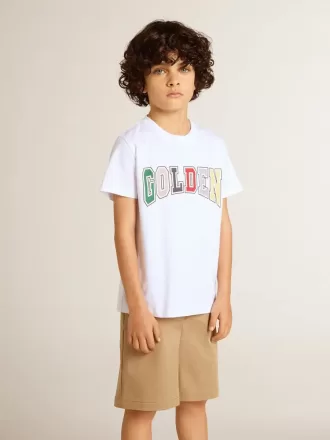 Weißes T-Shirt für Jungen mit mehrfarbigem Golden-Aufdruck