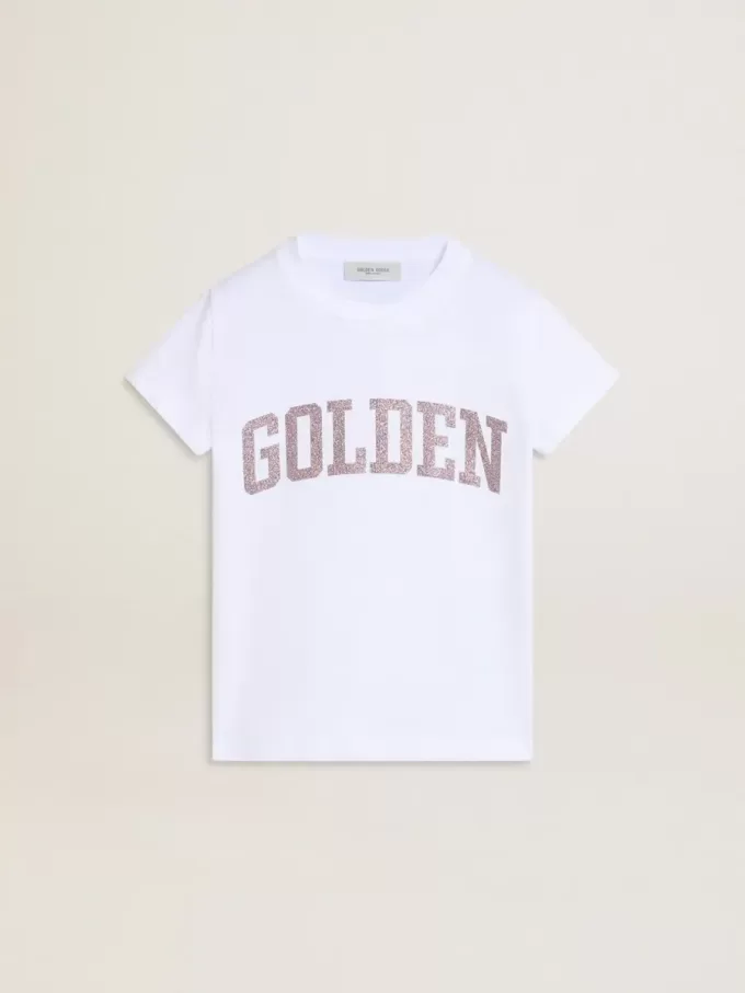Weißes T-Shirt für Mädchen mit rosa Glitzer und goldener Schrift