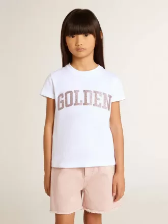 Weißes T-Shirt für Mädchen mit rosa Glitzer und goldener Schrift