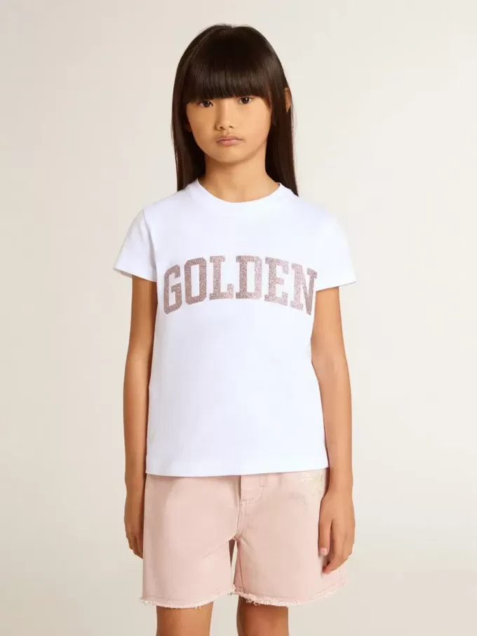Weißes T-Shirt für Mädchen mit rosa Glitzer und goldener Schrift