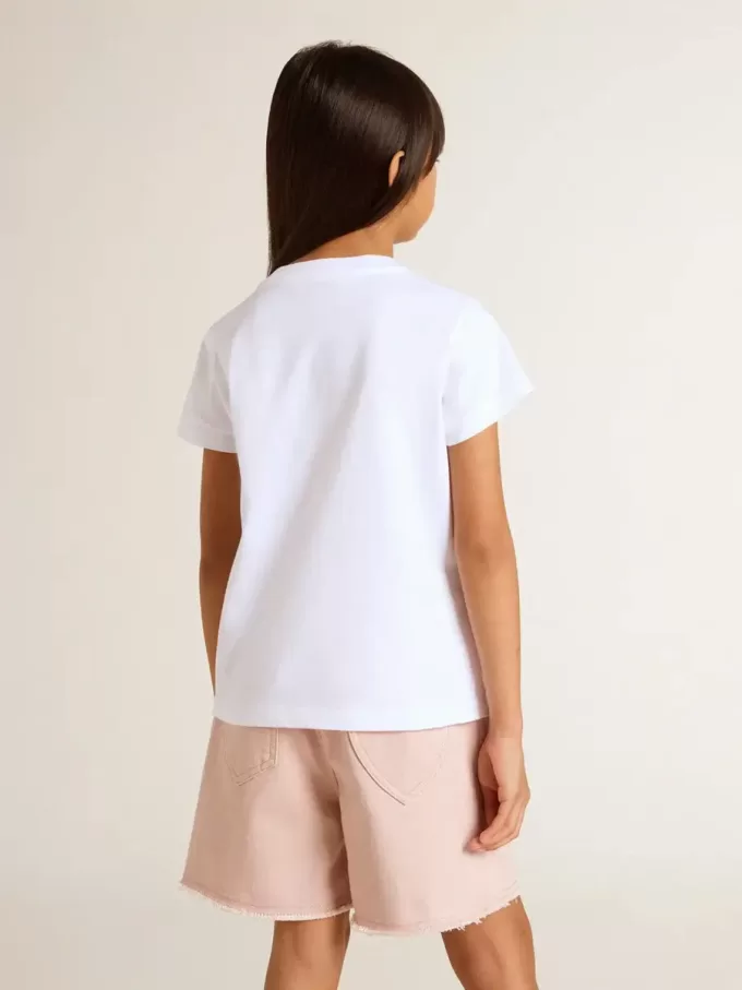 Weißes T-Shirt für Mädchen mit rosa Glitzer und goldener Schrift