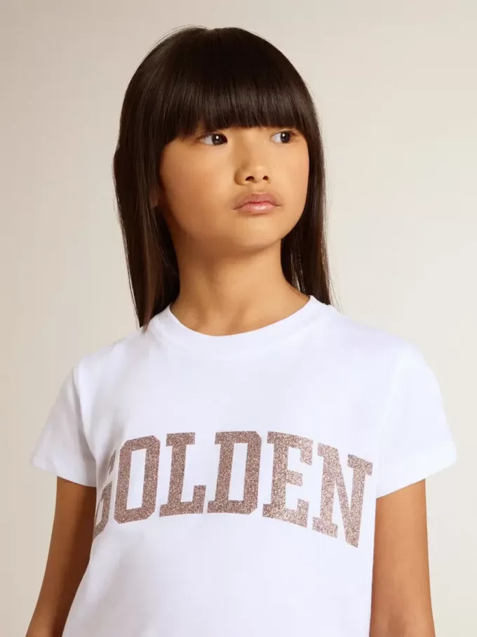 Weißes T-Shirt für Mädchen mit rosa Glitzer und goldener Schrift
