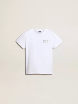 Weißes T-Shirt mit kontrastierendem silbernem Logo auf der Vorderseite