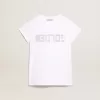 Weißes T-Shirt mit zentralem goldenen Schriftzug aus Kristallen