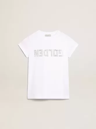 Weißes T-Shirt mit zentralem goldenen Schriftzug aus Kristallen