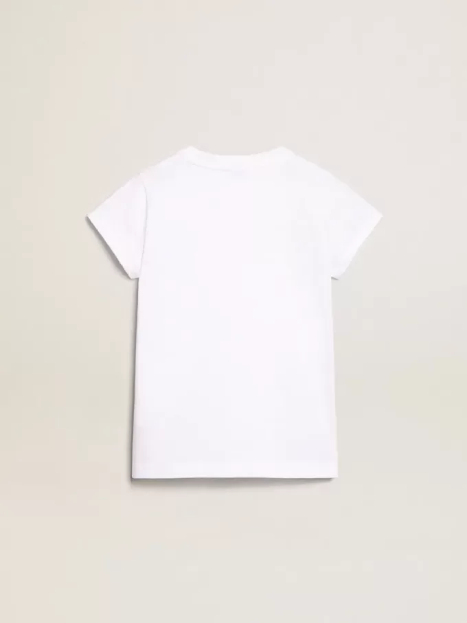 Weißes T-Shirt mit zentralem goldenen Schriftzug aus Kristallen