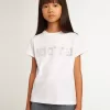 Weißes T-Shirt mit zentralem goldenen Schriftzug aus Kristallen