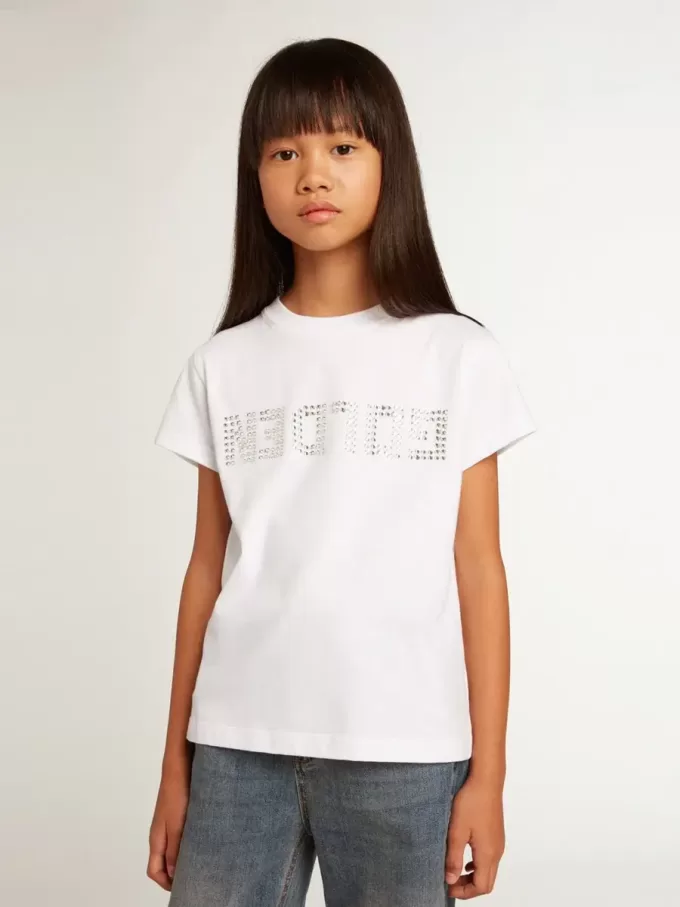 Weißes T-Shirt mit zentralem goldenen Schriftzug aus Kristallen