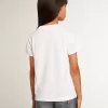 Weißes T-Shirt mit zentralem goldenen Schriftzug aus Kristallen