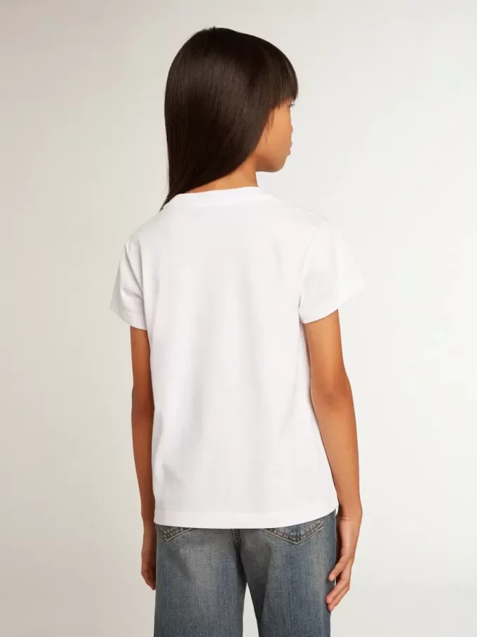 Weißes T-Shirt mit zentralem goldenen Schriftzug aus Kristallen