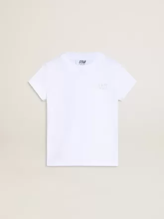 Weißes und silbernes T-Shirt mit Logo und Maxi-Stern in silbernem Glitzer