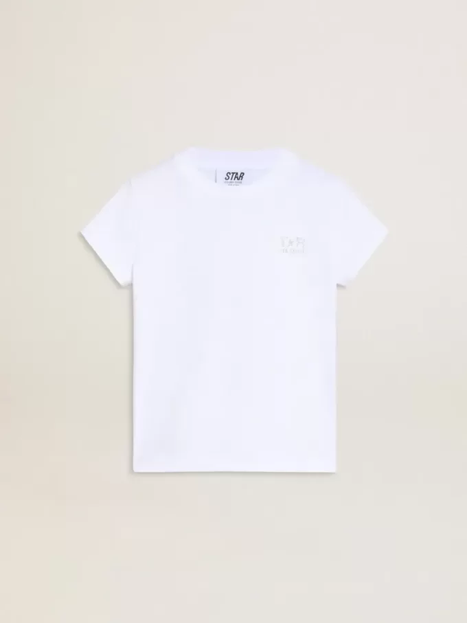 Weißes und silbernes T-Shirt mit Logo und Maxi-Stern in silbernem Glitzer