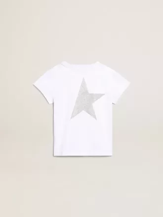 Weißes und silbernes T-Shirt mit Logo und Maxi-Stern in silbernem Glitzer