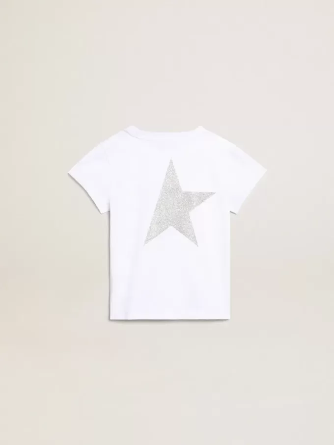 Weißes und silbernes T-Shirt mit Logo und Maxi-Stern in silbernem Glitzer