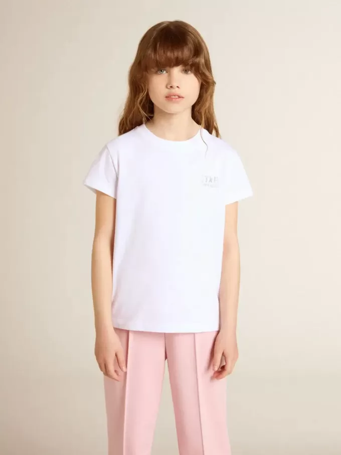 Weißes und silbernes T-Shirt mit Logo und Maxi-Stern in silbernem Glitzer