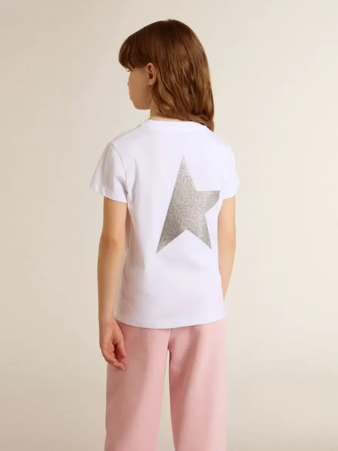 Weißes und silbernes T-Shirt mit Logo und Maxi-Stern in silbernem Glitzer