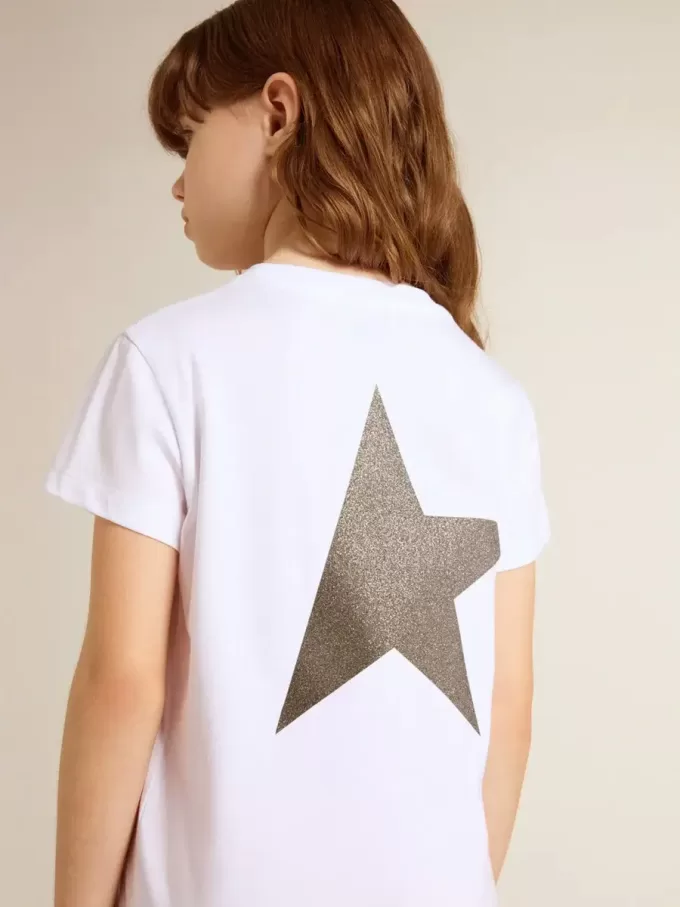 Weißes und silbernes T-Shirt mit Logo und Maxi-Stern in silbernem Glitzer
