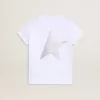 Weißes und silbernes T-Shirt mit Logo und Maxi-Stern in silbernem Glitzer