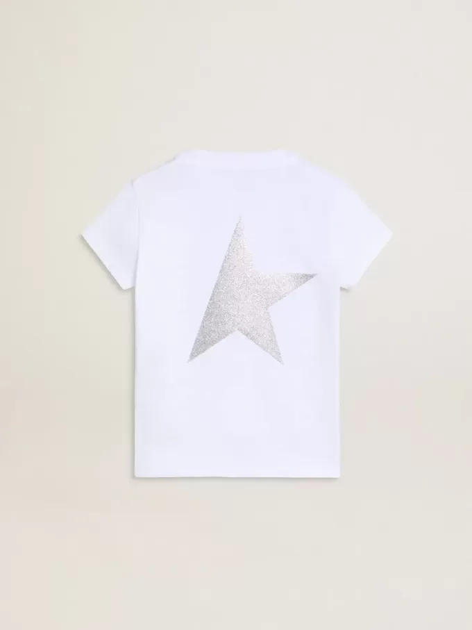 Weißes und silbernes T-Shirt mit Logo und Maxi-Stern in silbernem Glitzer