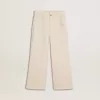 Weite, cremefarbene Mädchenhose mit Rippstrick und Stickerei