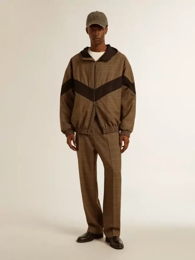 Windjacke in Beige und Schwarz mit Hahnentrittmuster