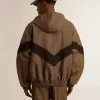 Windjacke in Beige und Schwarz mit Hahnentrittmuster